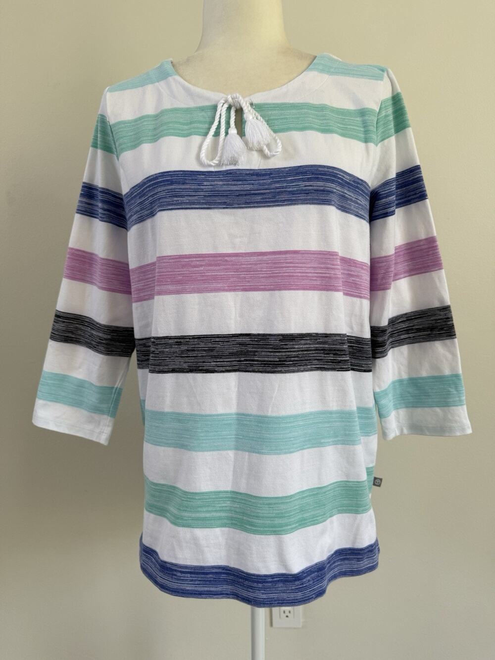 T By Talbots Women Shirt Pink Green Blue Striped Cotton 3/4 Sleeve Top M